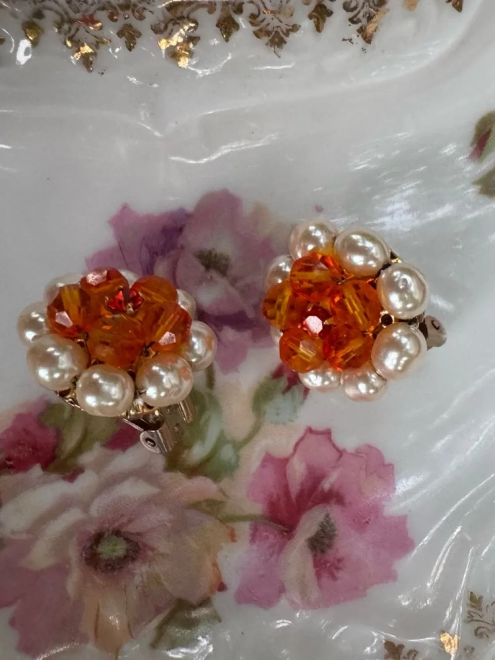 Vintage faux Pearl and orange Crystal Flower clip Earrings - Women Jewelry